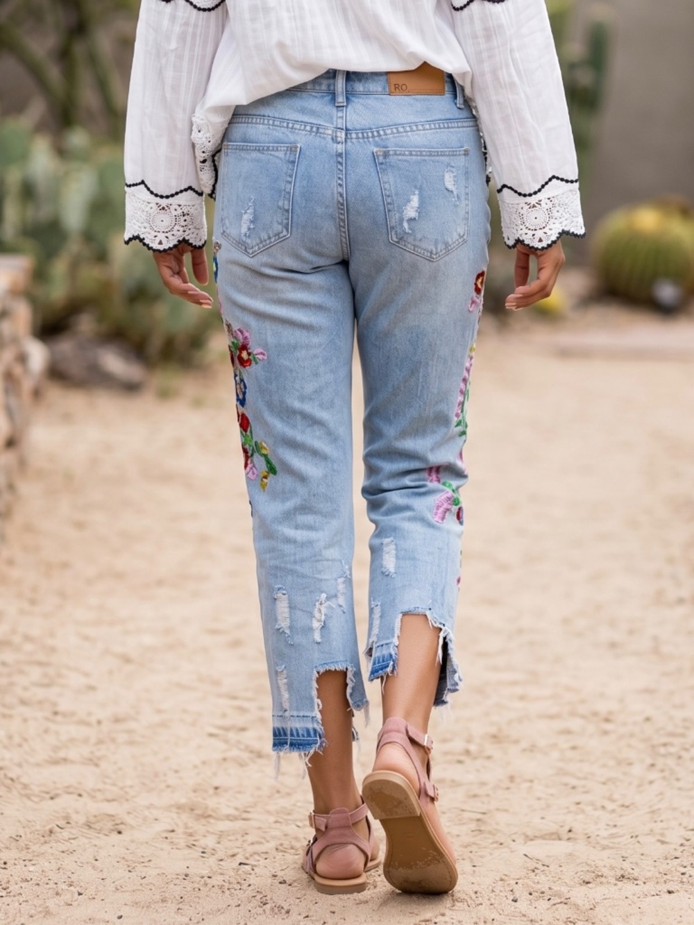 POL Floral Embroidered Boyfriend Jeans | Distressed Y2K Straight Leg Light Wash - Picture 5 of 7